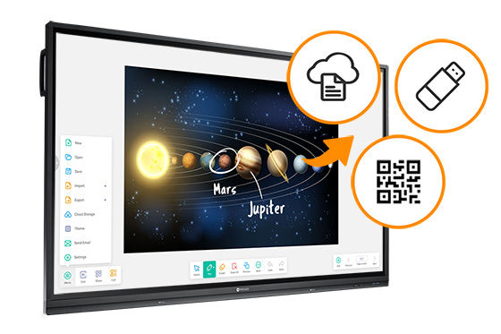 Meetboard 3 interactive display can share files via Cloud drive, USB drive, and QR Code