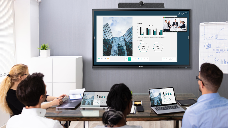 A group of people is using Meetboard interactive display in a meeting room