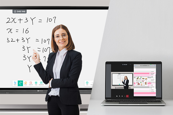 A female teacher utilizes Microsoft Teams to remotely teaches on Meetboard interactive displays for education