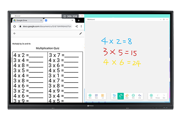 The duo screen of Google Docs and Meetboard Whiteboard App on Meetboard interactive displays for education